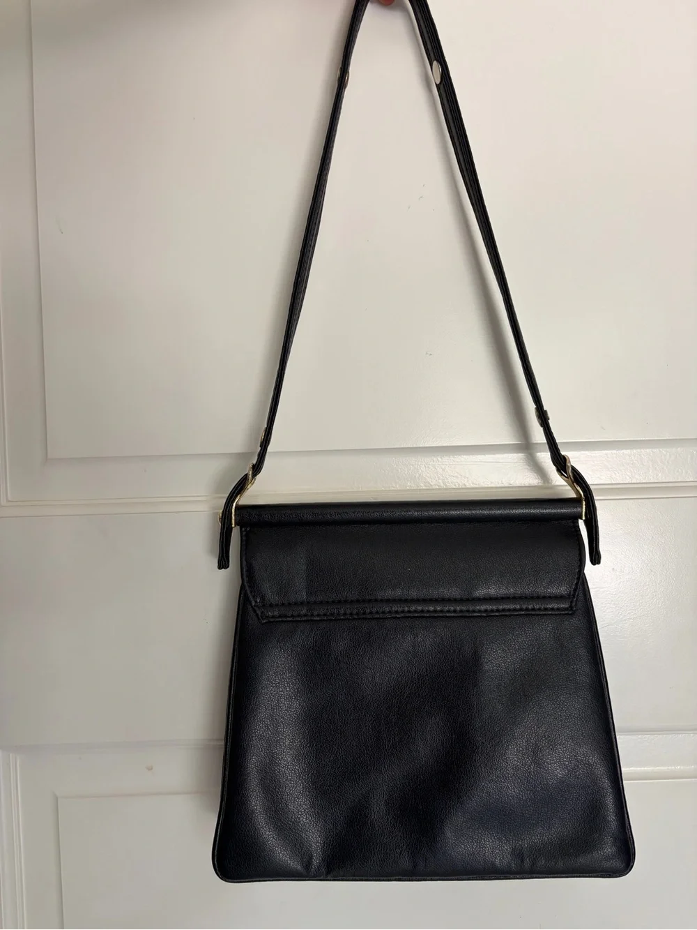Vintage Dark Blue Leather Shoulder Bag with Gold Hardware